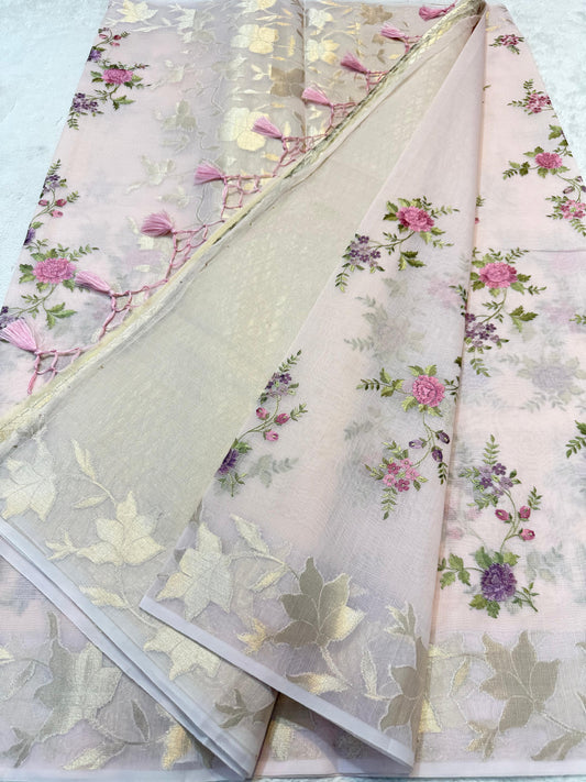 Pink Cotton Kota Designer Embroidery Premium Banarasi Saree