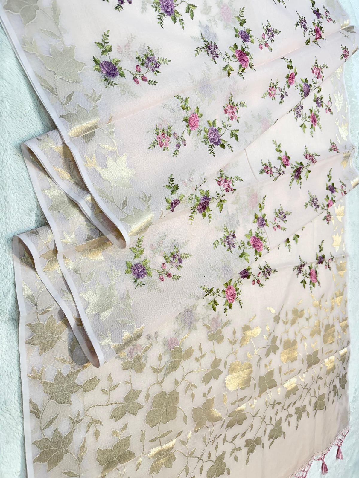 Pink Cotton Kota Designer Embroidery Premium Banarasi Saree