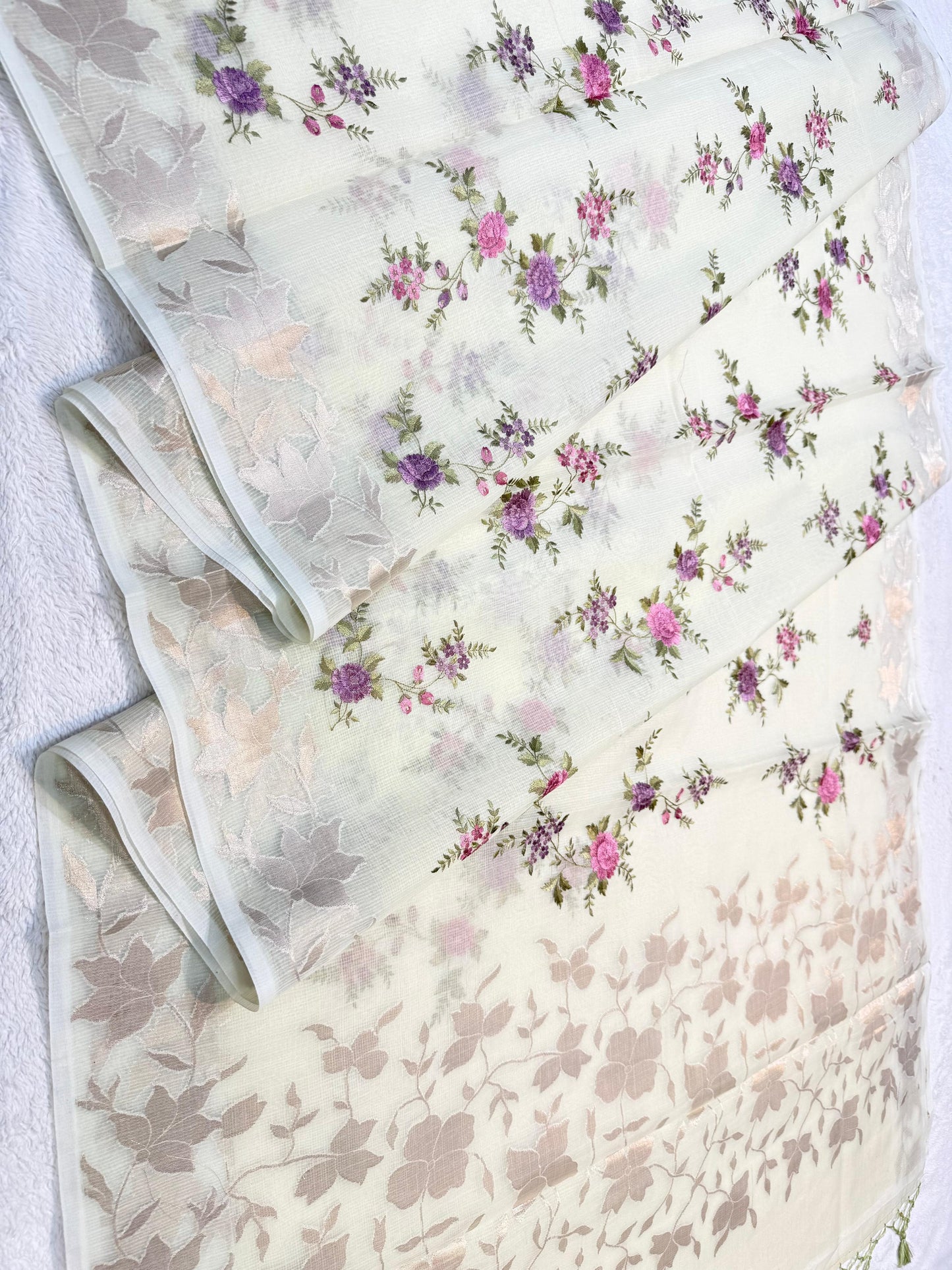 Pista Green Cotton Kota Designer Embroidery Premium Banarasi Saree