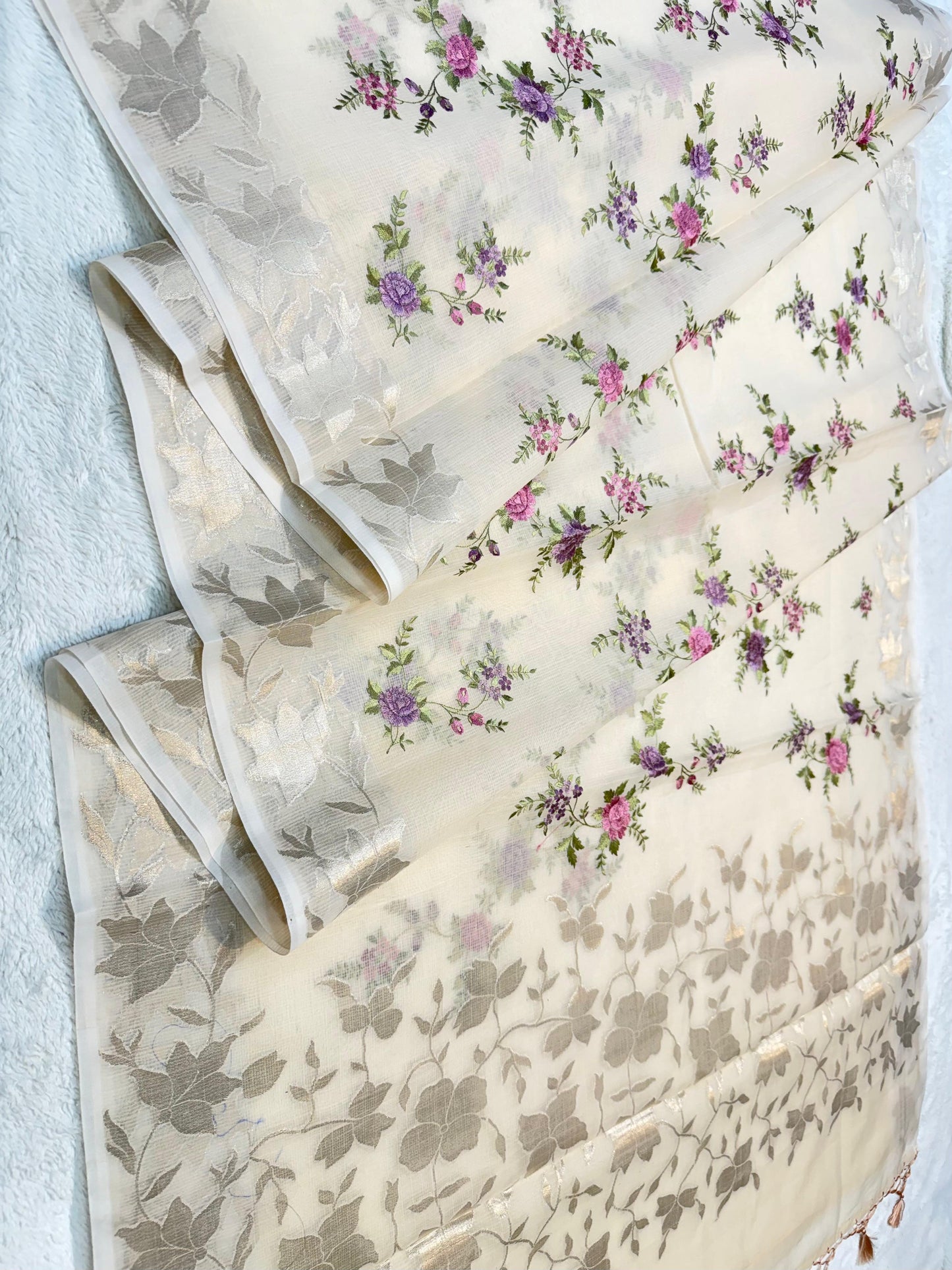 Peach Cotton Kota Designer Embroidery Premium Banarasi Saree