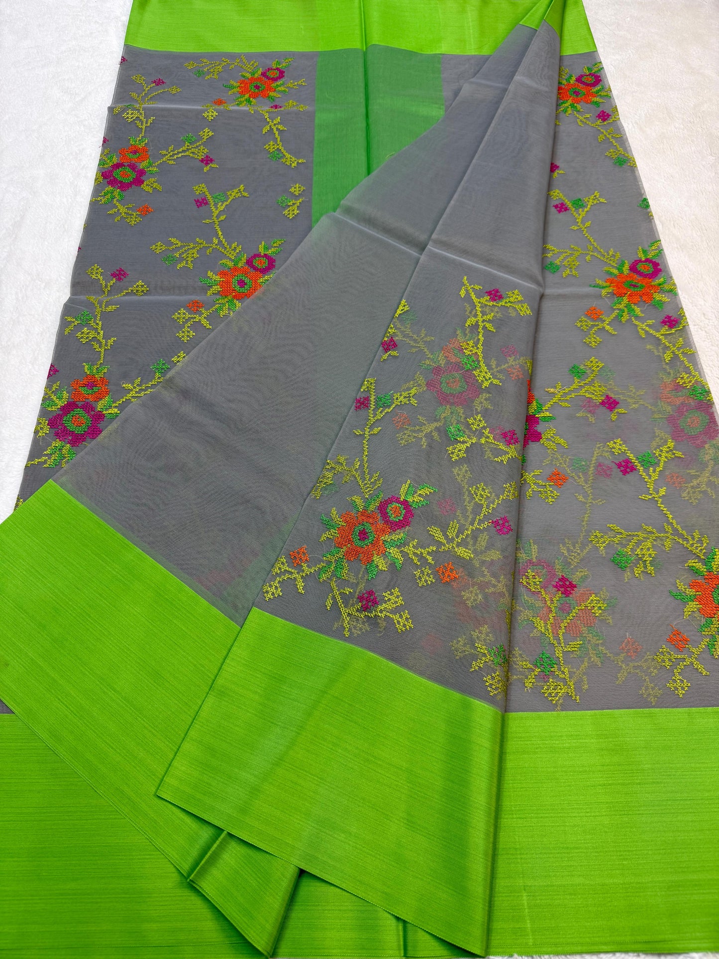 Gray & Green Shade Kora Organza Embroidery Banarasi Saree