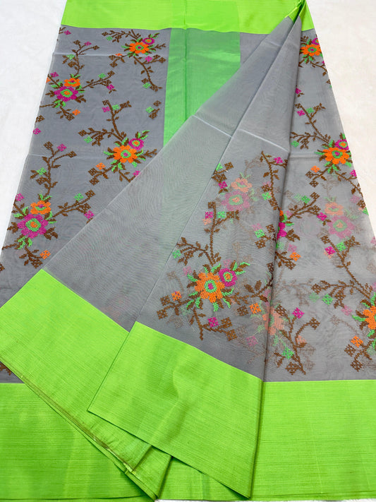 Gray & Green Shade Kora Organza Embroidery Banarasi Saree