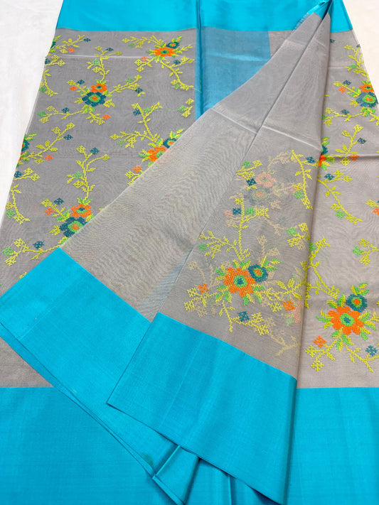 Gray & Blue Shade Kora Organza Embroidery Banarasi Saree
