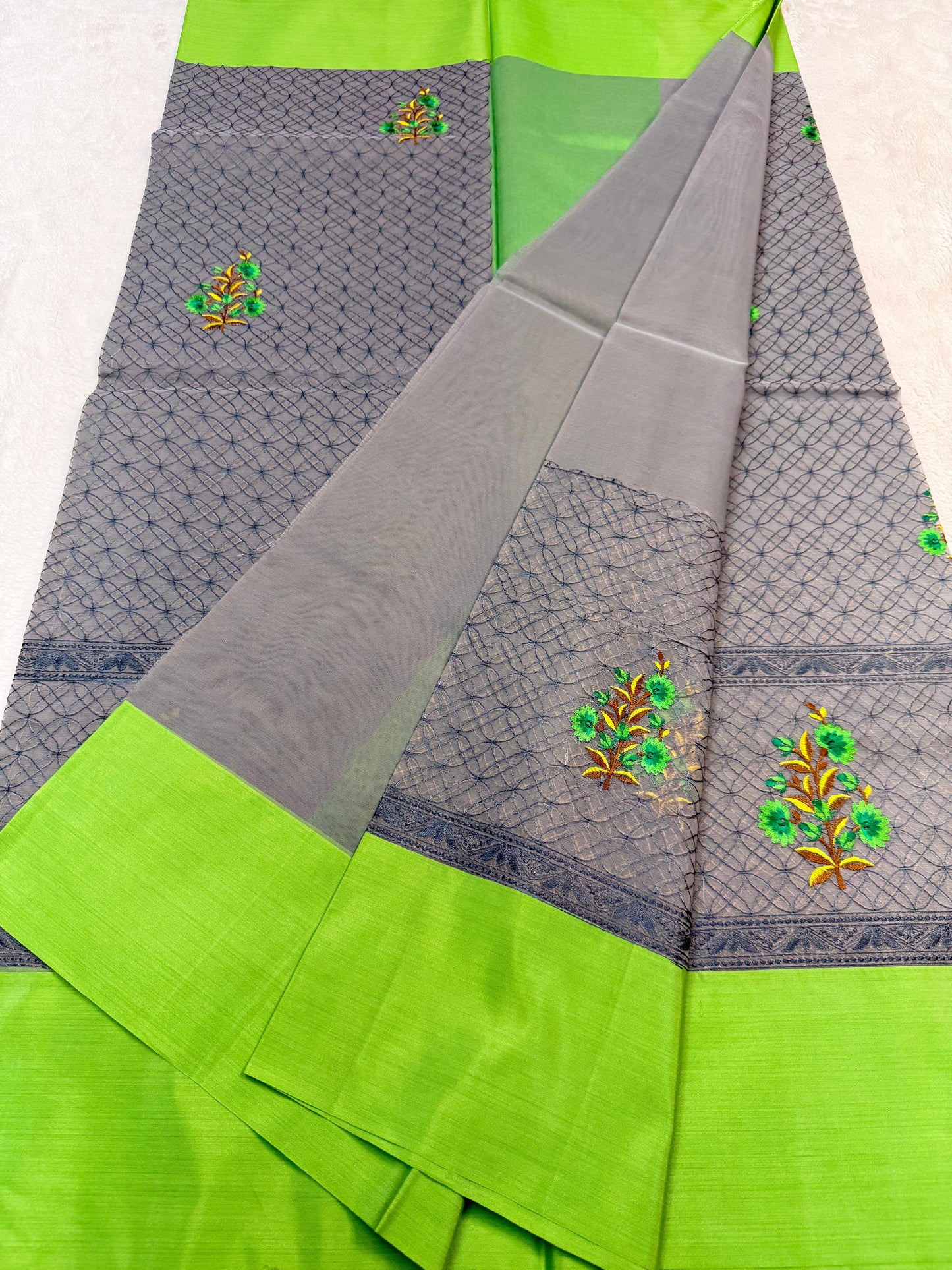 Gray & Green Shade Kora Organza Embroidery Banarasi Saree