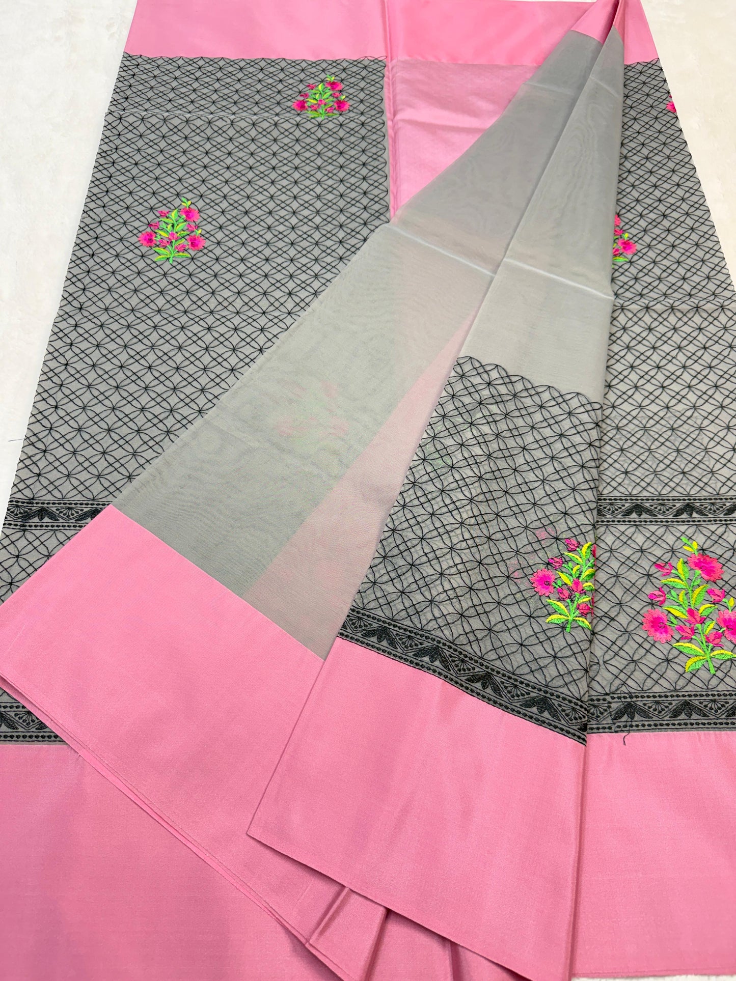 Gray & Pink Shade Kora Organza Embroidery Banarasi Saree