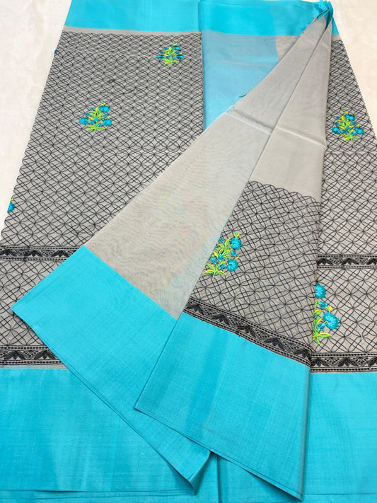 Gray & Blue Shade Kora Organza Embroidery Banarasi Saree