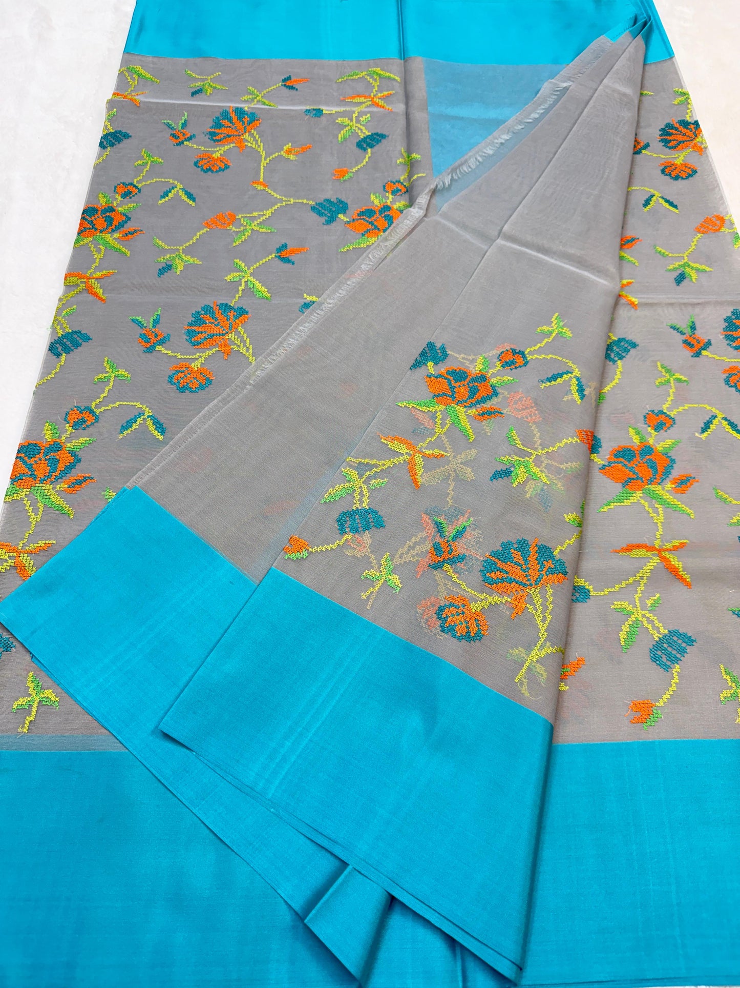 Gray & Blue Shade Kora Organza Embroidery Banarasi Saree