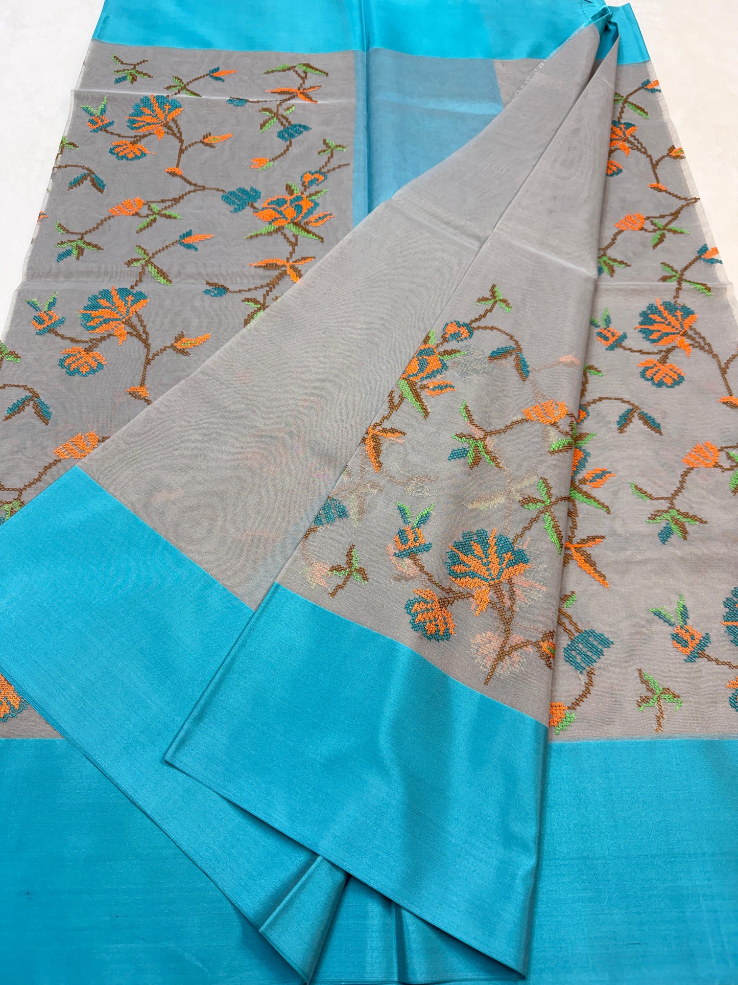 Gray & Blue Shade Kora Organza Embroidery Banarasi Saree