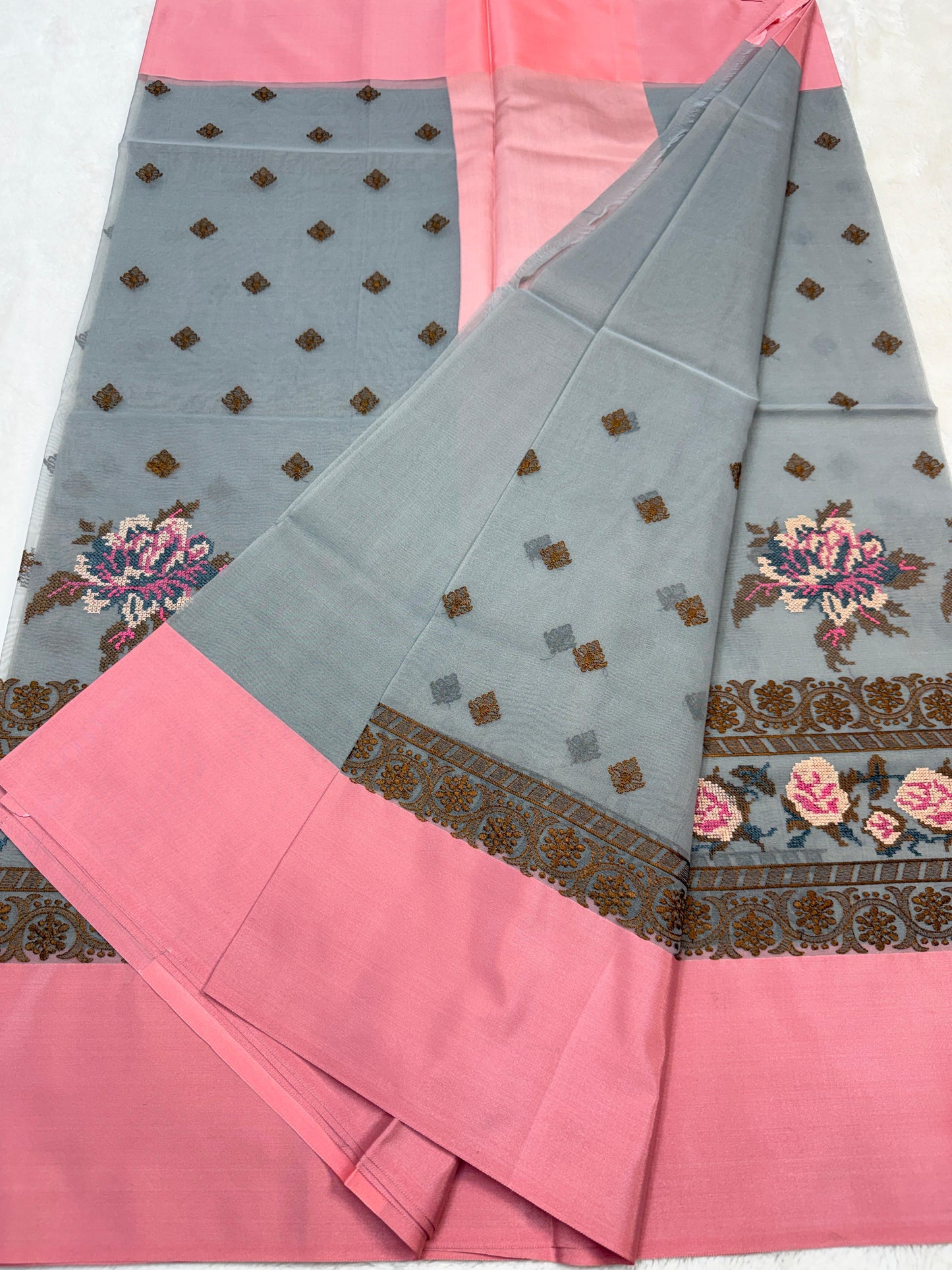 Gray & Pink Shade Kora Organza Embroidery Banarasi Saree