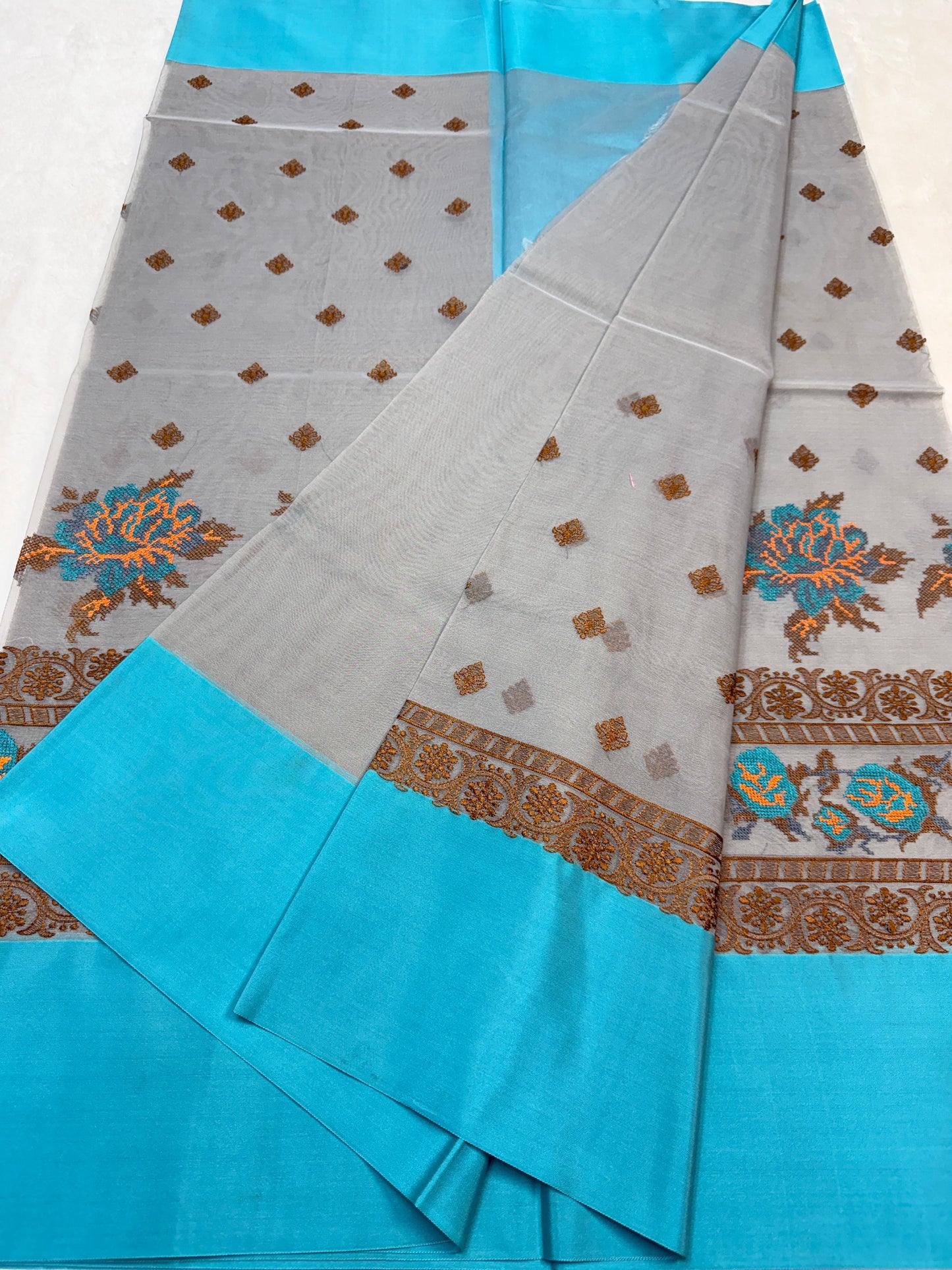 Gray & Blue Shade Kora Organza Embroidery Banarasi Saree