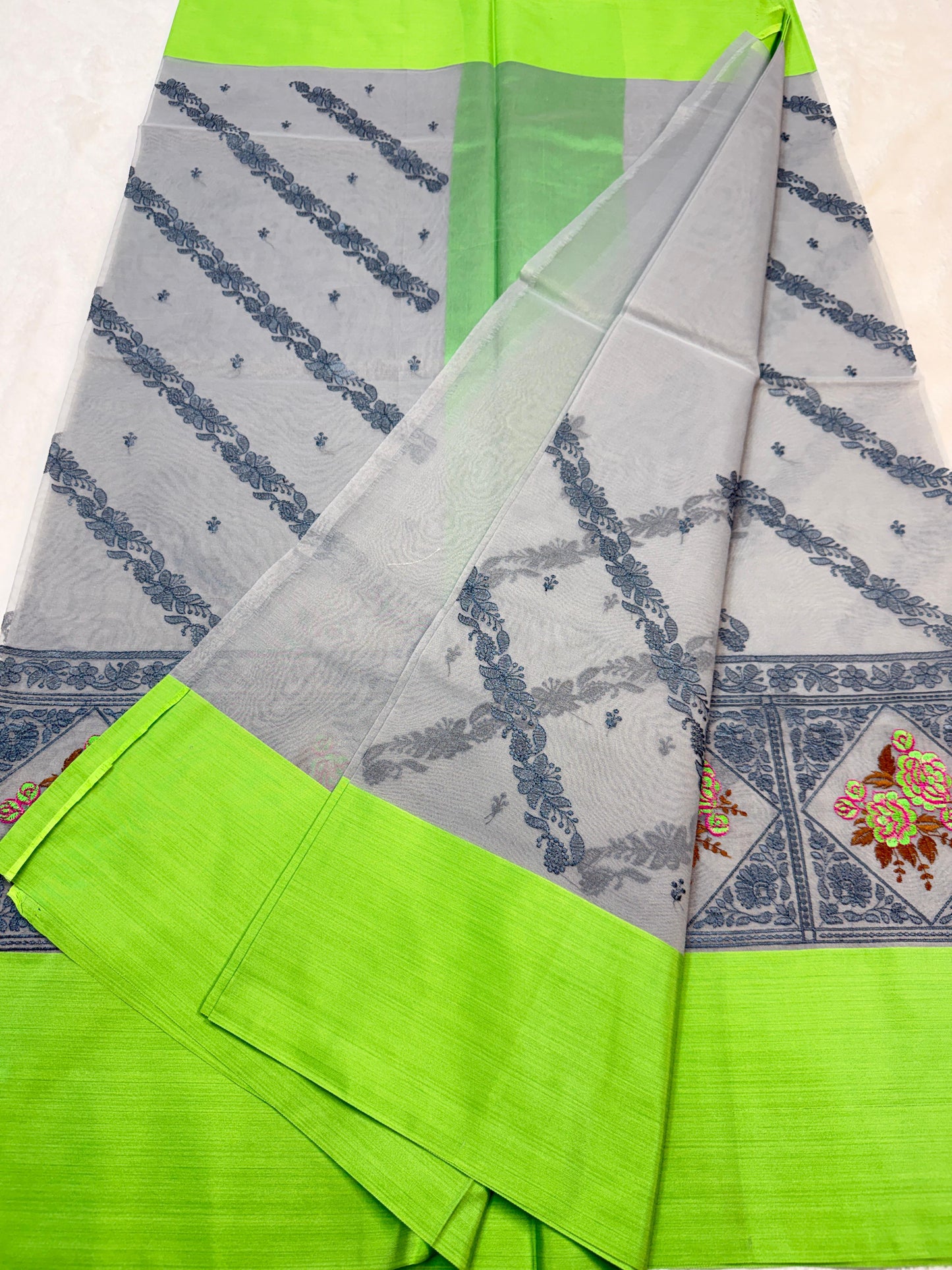 Gray & Green Shade Kora Organza Embroidery Banarasi Saree