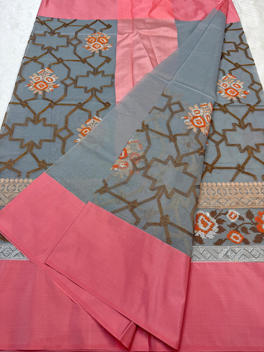 Gray & Pink Shade Kora Organza Embroidery Banarasi Saree