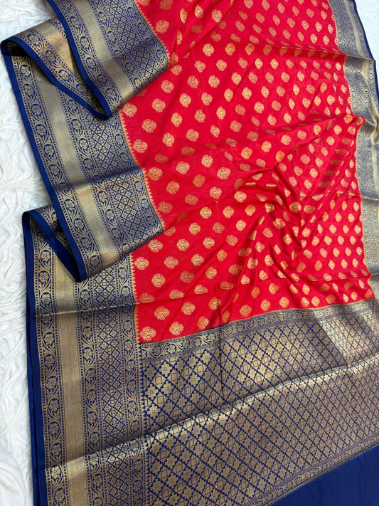 Red And Blue Dupion Silk Premium Banarasi Saree