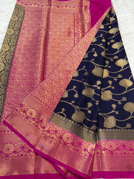 Navy Blue Dupion Silk Premium Banarasi Saree