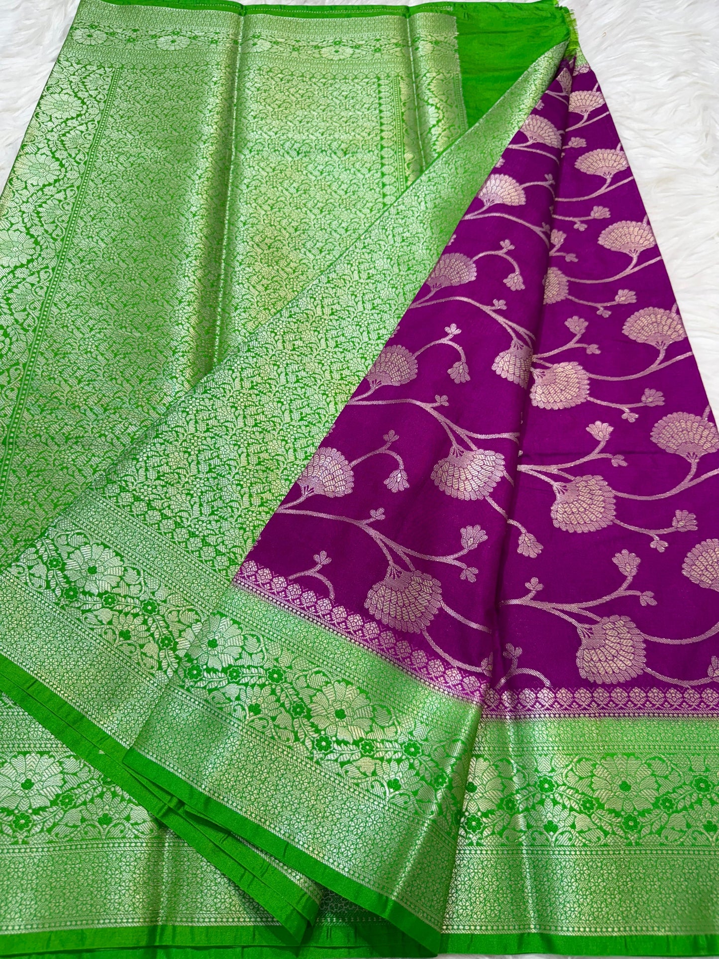 Magenta And Green Dupion Silk Premium Banarasi Saree