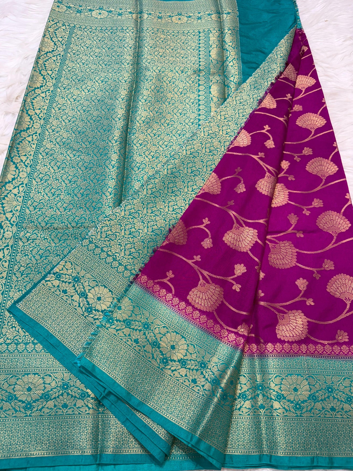 Magenta And Peacock Dupion Silk Premium Banarasi Saree