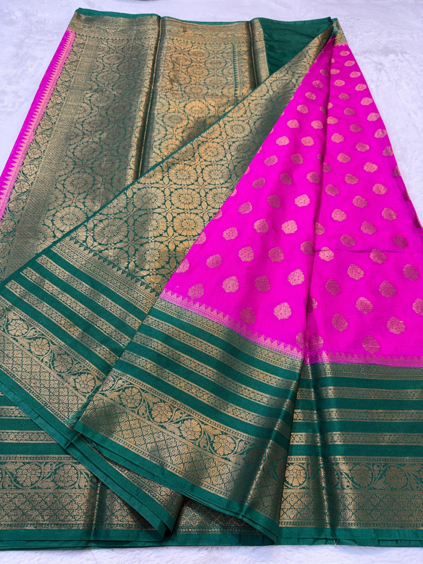 Magenta Pink And Bottole Green Dupion Silk Premium Banarasi Saree