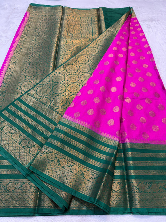 Magenta Pink And Bottole Green Dupion Silk Premium Banarasi Saree
