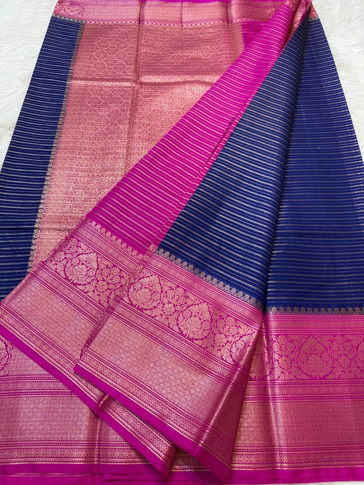 Navy Blue Dupion Silk Banarasi Saree