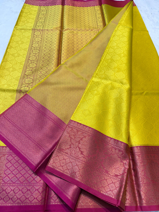 Gold And Rani Kora Muslin Silk Banrasi Saree