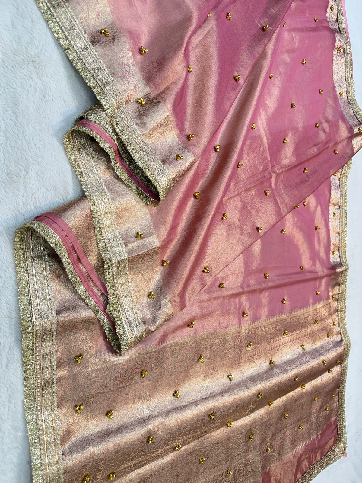 Pink Tissue Ghungaroo With Lace Premium Banarasi Saree