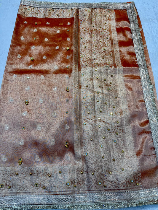 Orange Tissue Ghungaroo Mirror Handwork With Lace Premium Banarasi Saree