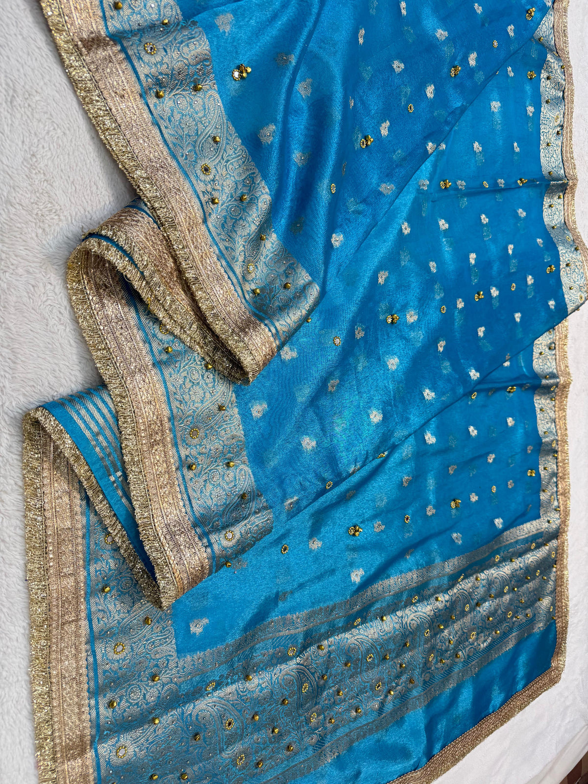 Firozi Tissue Ghungaroo Mirror Handwork With Lace Premium Banarasi Saree