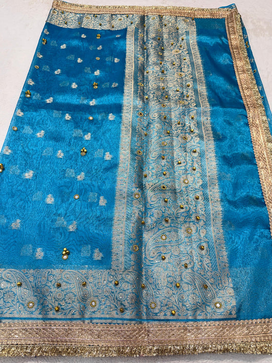 Firozi Tissue Ghungaroo Mirror Handwork With Lace Premium Banarasi Saree