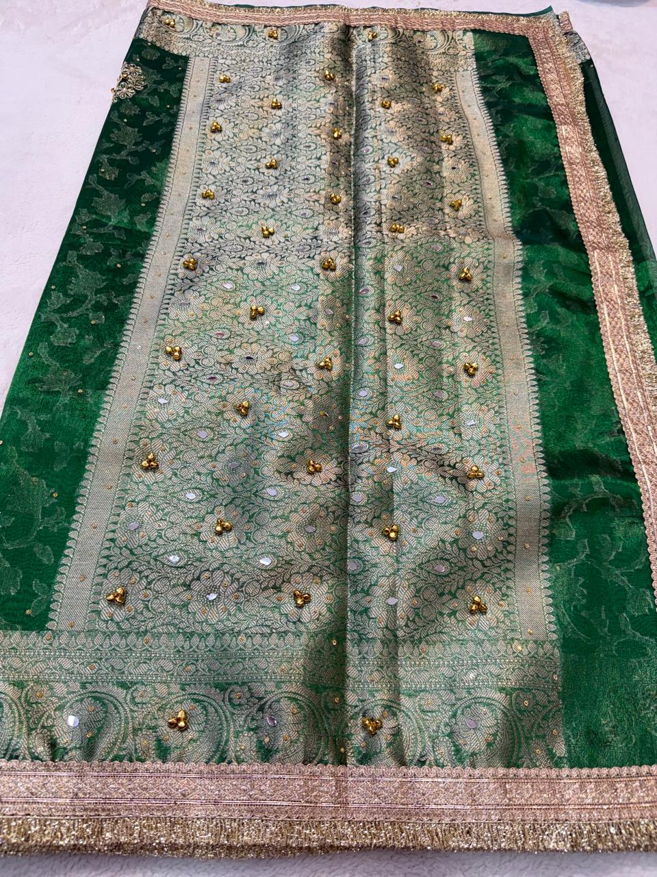 Green Tissue Ghungaroo Mirror Handwork With Lace Premium Banarasi Saree