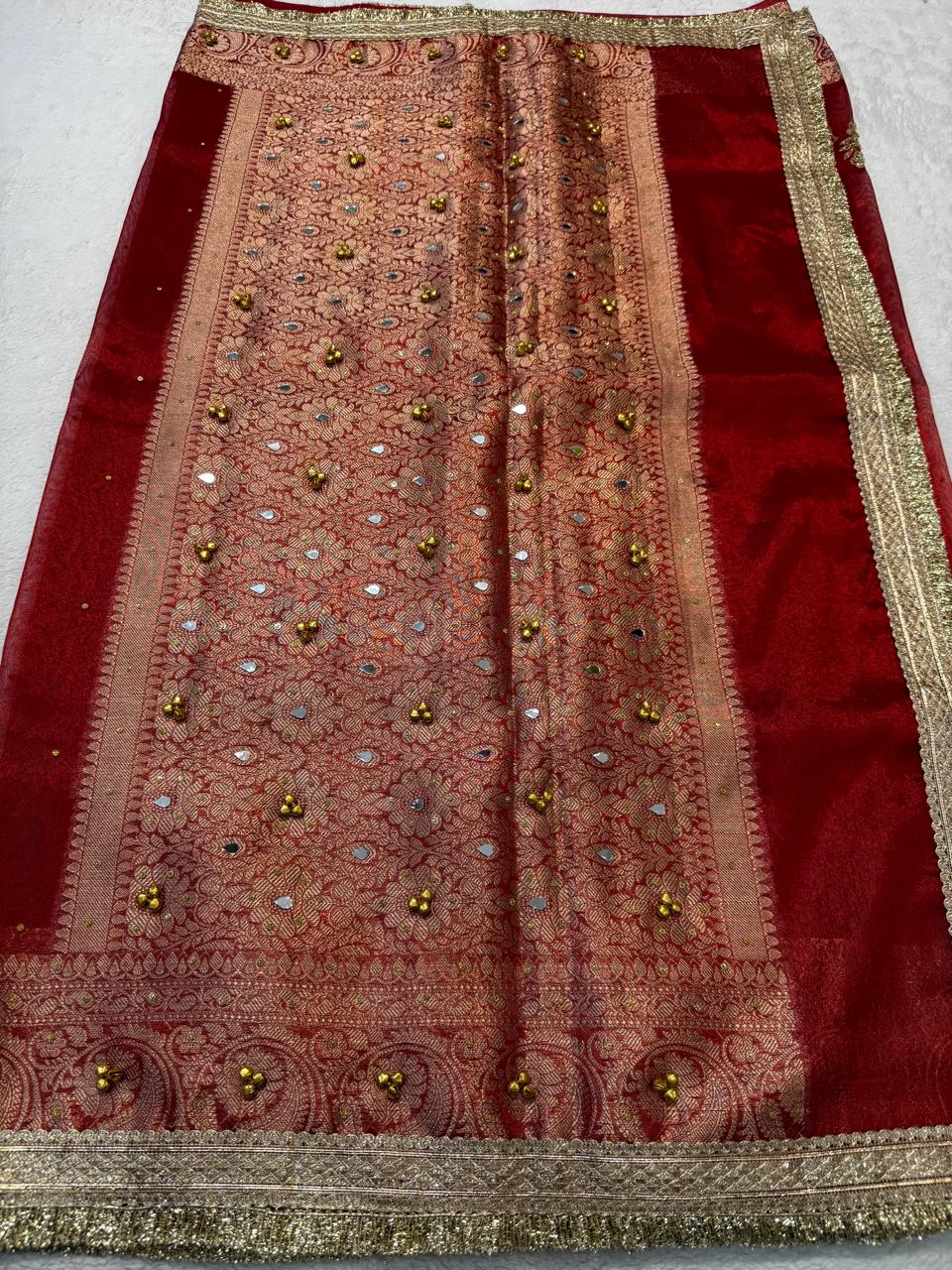 Red Tissue Ghungaroo Mirror Handwork With Lace Premium Banarasi Saree