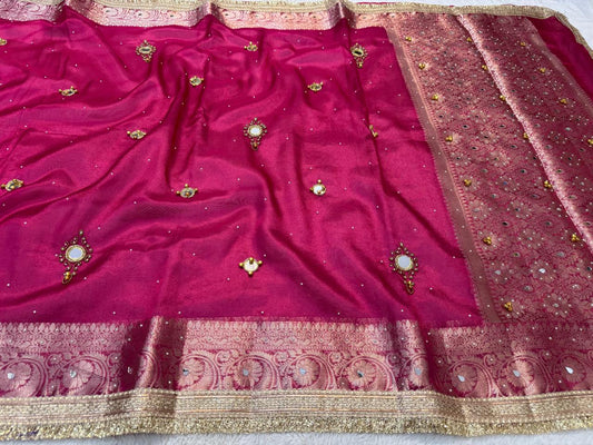 Maharani Tissue Ghungaroo Mirror Handwork With Lace Premium Banarasi Saree
