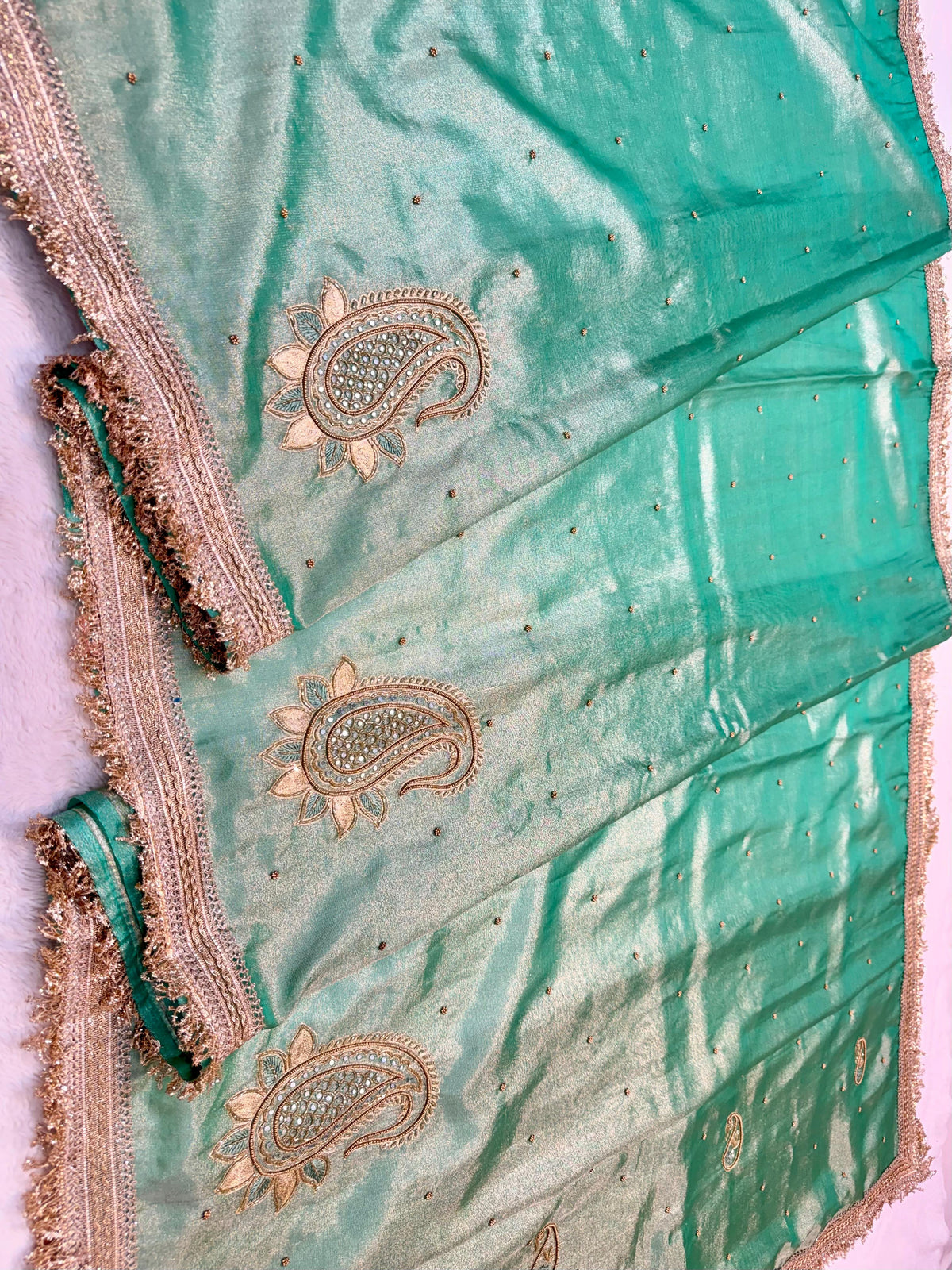Sea Green Tissue Designer Handwork Premium Banarasi