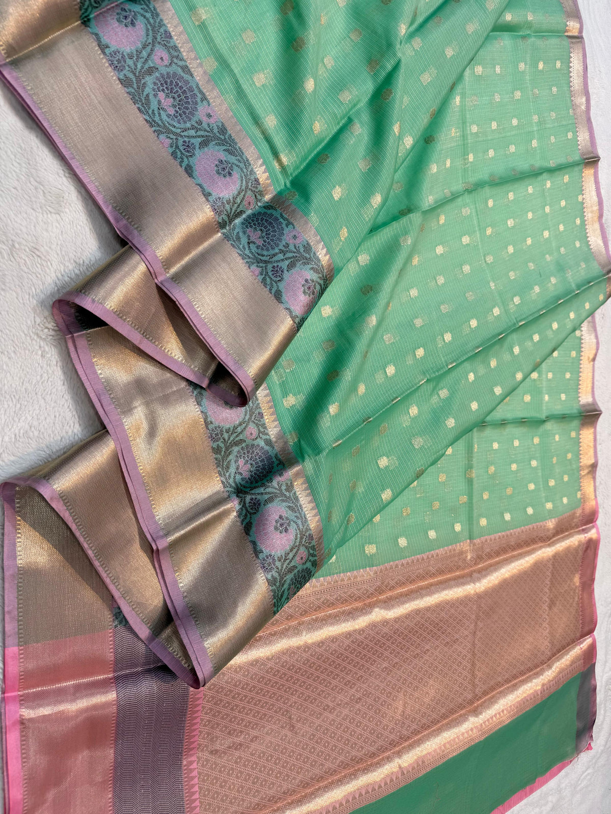 See Green Cotton Kota Paithani Border Premium Banarasi Saree