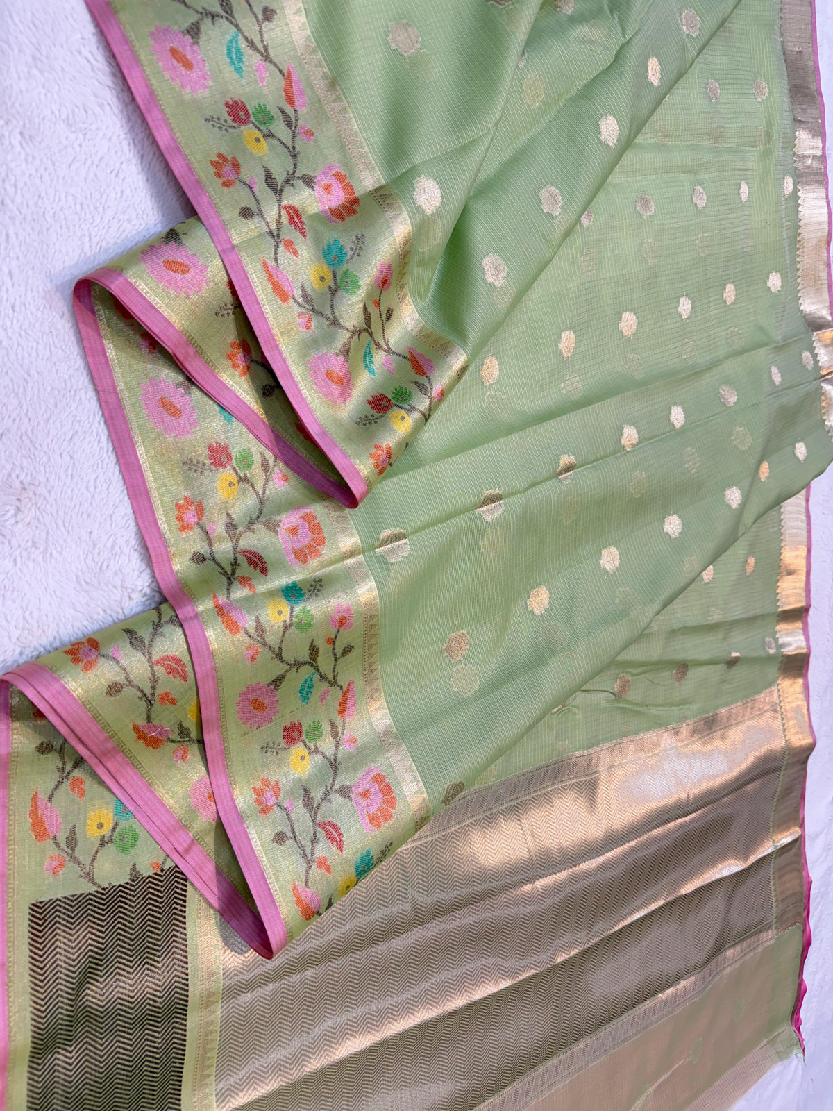 Pista Green Cotton Kota Paithani Border Premium Banarasi Saree