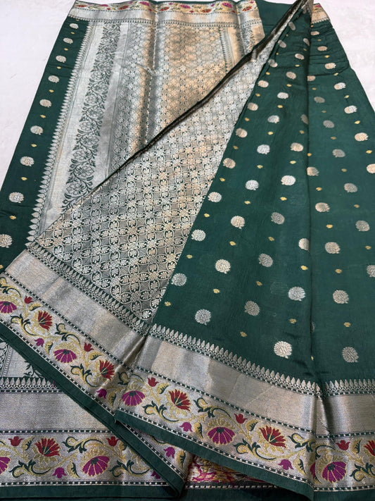 Bottle Green Raw Mango Premium Banarasi Saree