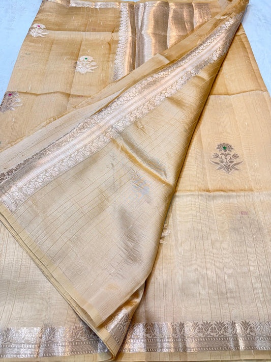 Beige Pure Mulberry Silk Zari Woven Buta With Resham Meena Banarasi Saree