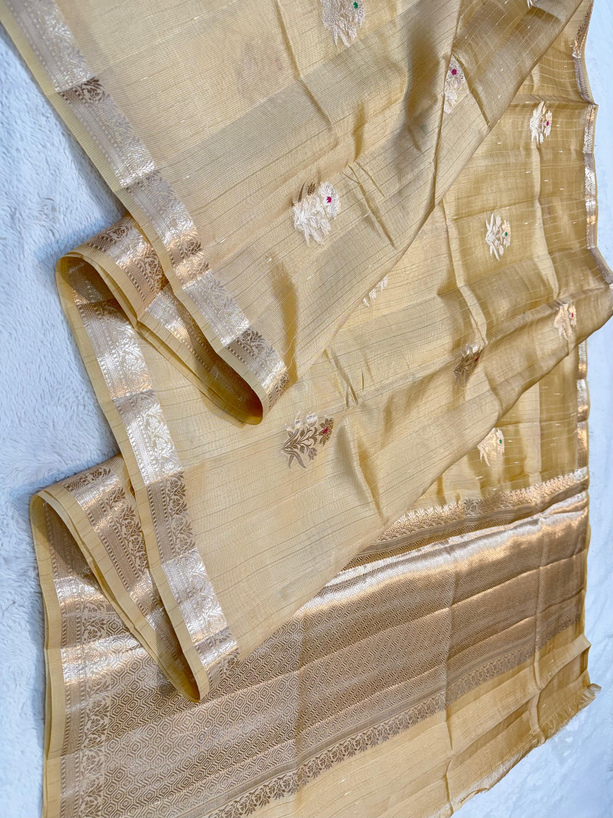Beige Pure Mulberry Silk Zari Woven Buta With Resham Meena Banarasi Saree