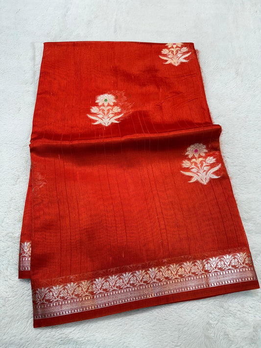 Red Pure Mulberry Silk Zari Woven Buta With Resham Meena Banarasi Saree