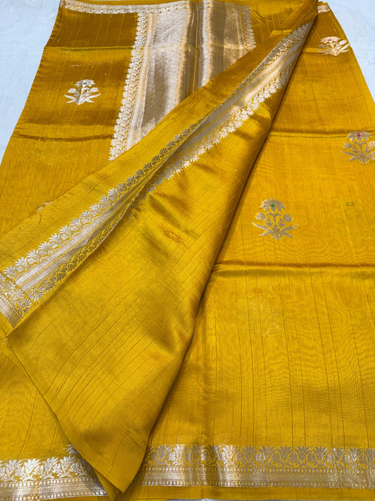 Gold Pure Mulberry Silk Zari Woven Buta With Resham Meena Banarasi Saree
