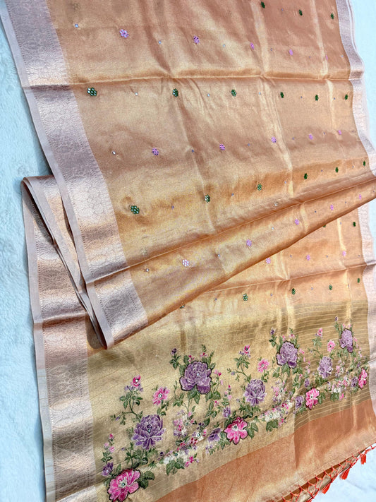 Peach Tissue Kota Embroidery Handwork Premium Banarasi Saree