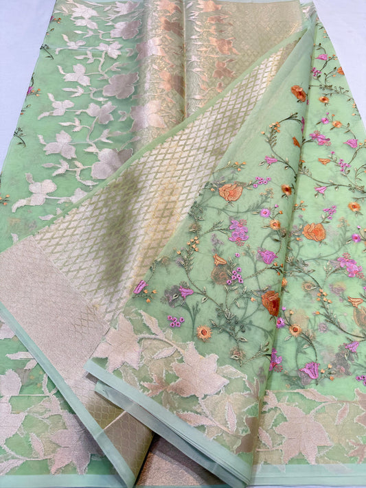 Green Kora Organza Designer Embroidery Premium Banarasi Saree