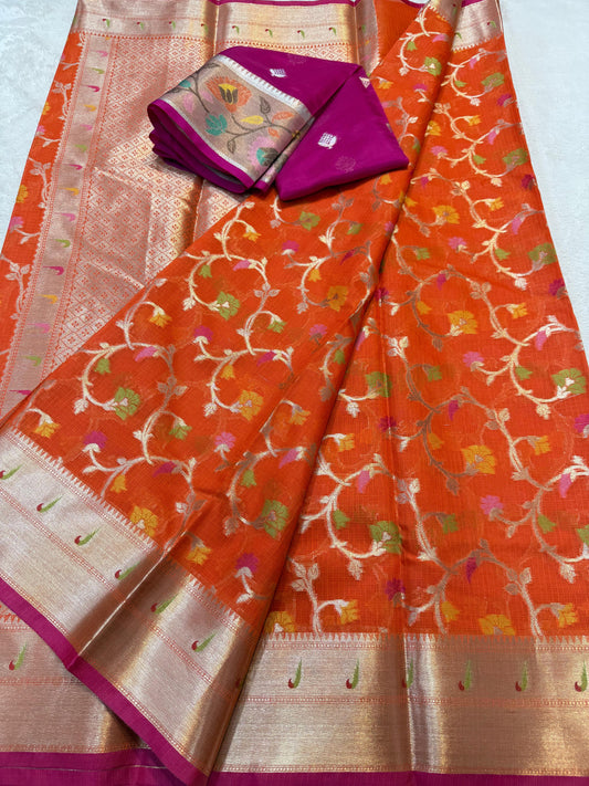Orange Cotton Kota Paithani Border Premium Banarasi Saree