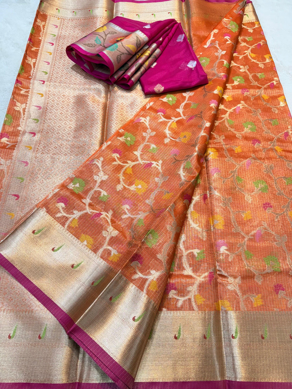 Orange Tissue Kota Paithani Border Premium Banarasi