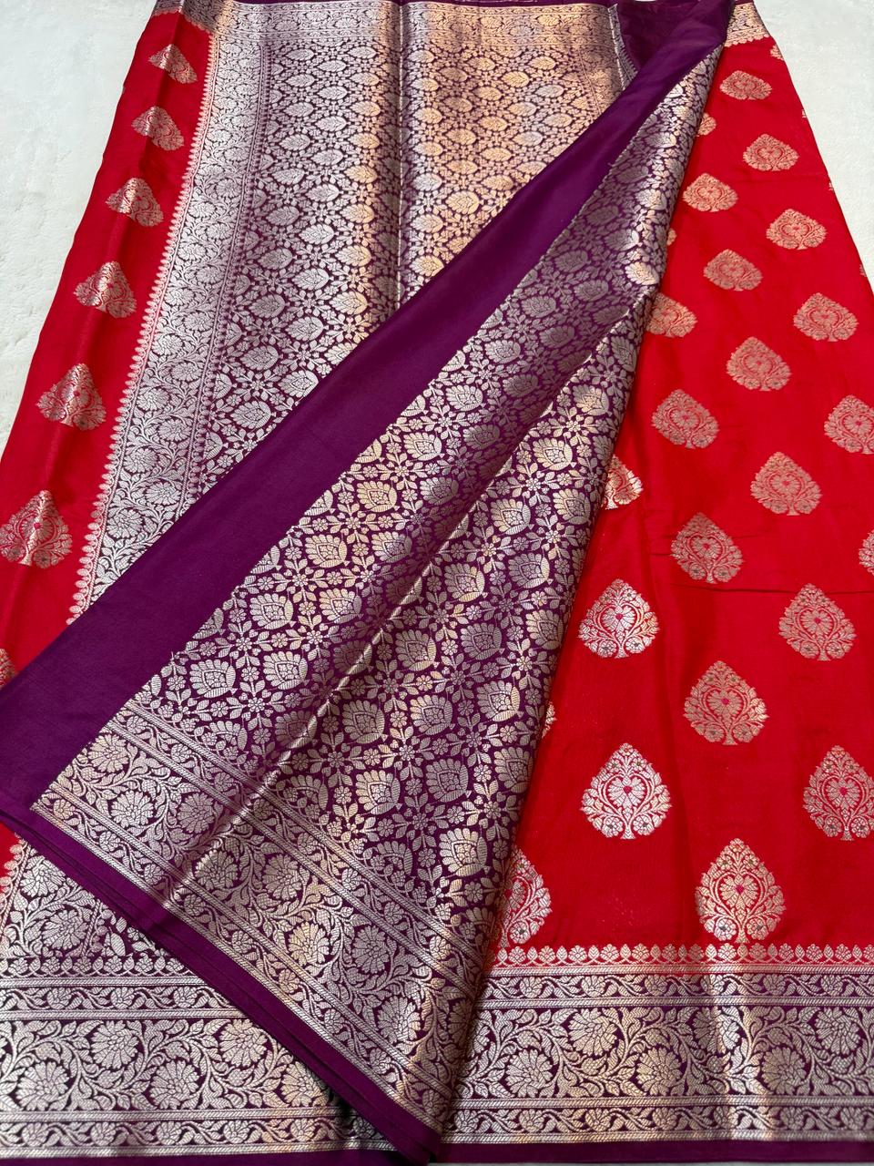 Red Semi Katan Premium Banarasi Saree