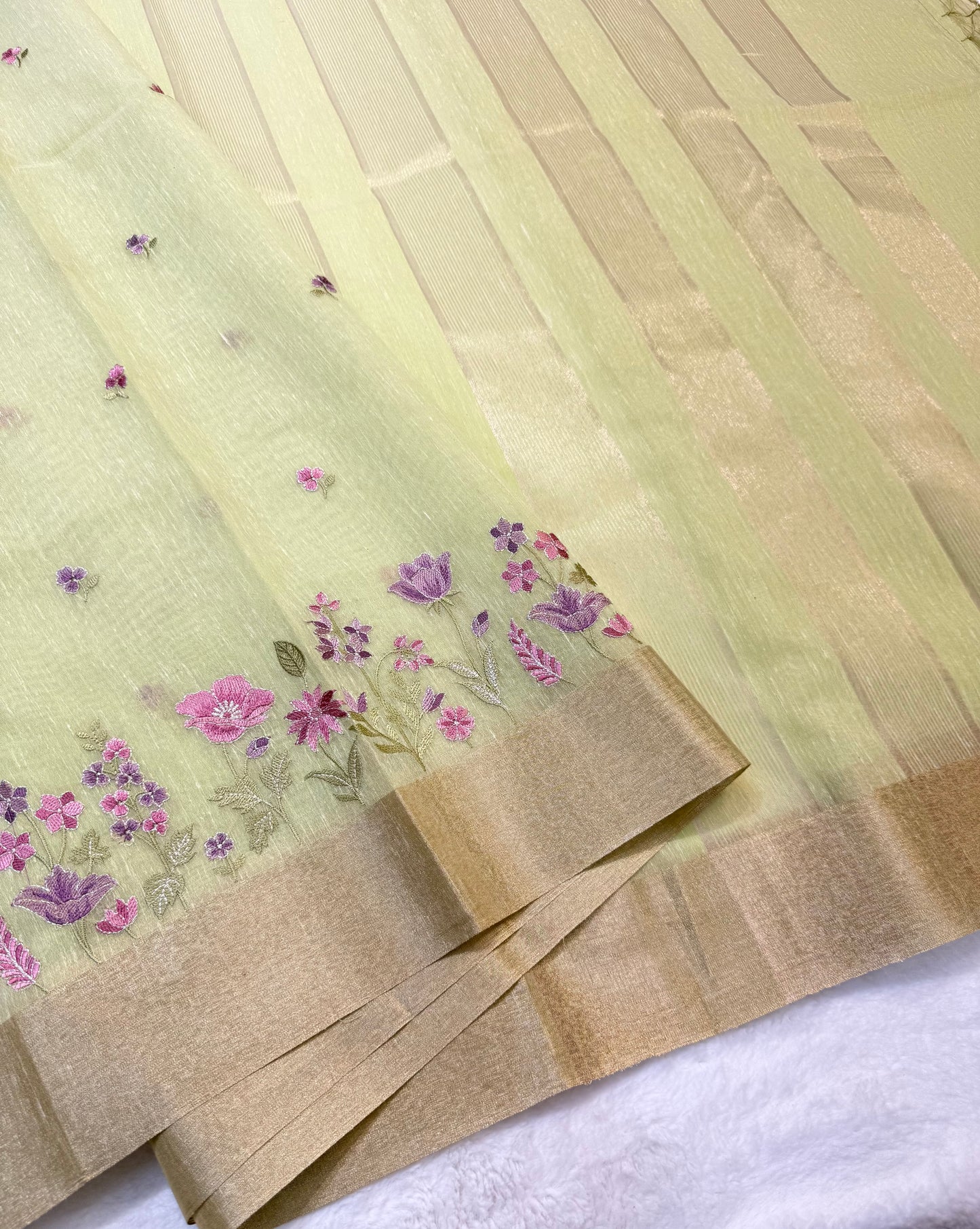 Pista green shade linen embroidery premium Banarasi saree