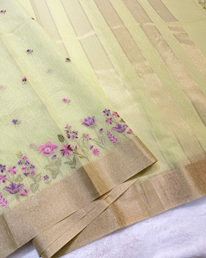 Pista green shade linen embroidery premium Banarasi saree
