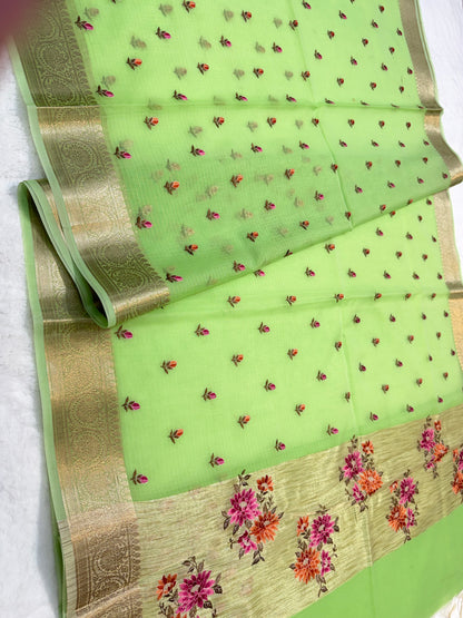 Pista green shade cotton kota embroidery Banarasi saree