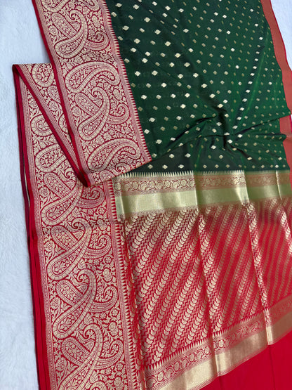 Bottle green red shade katan Banarasi silk Saree