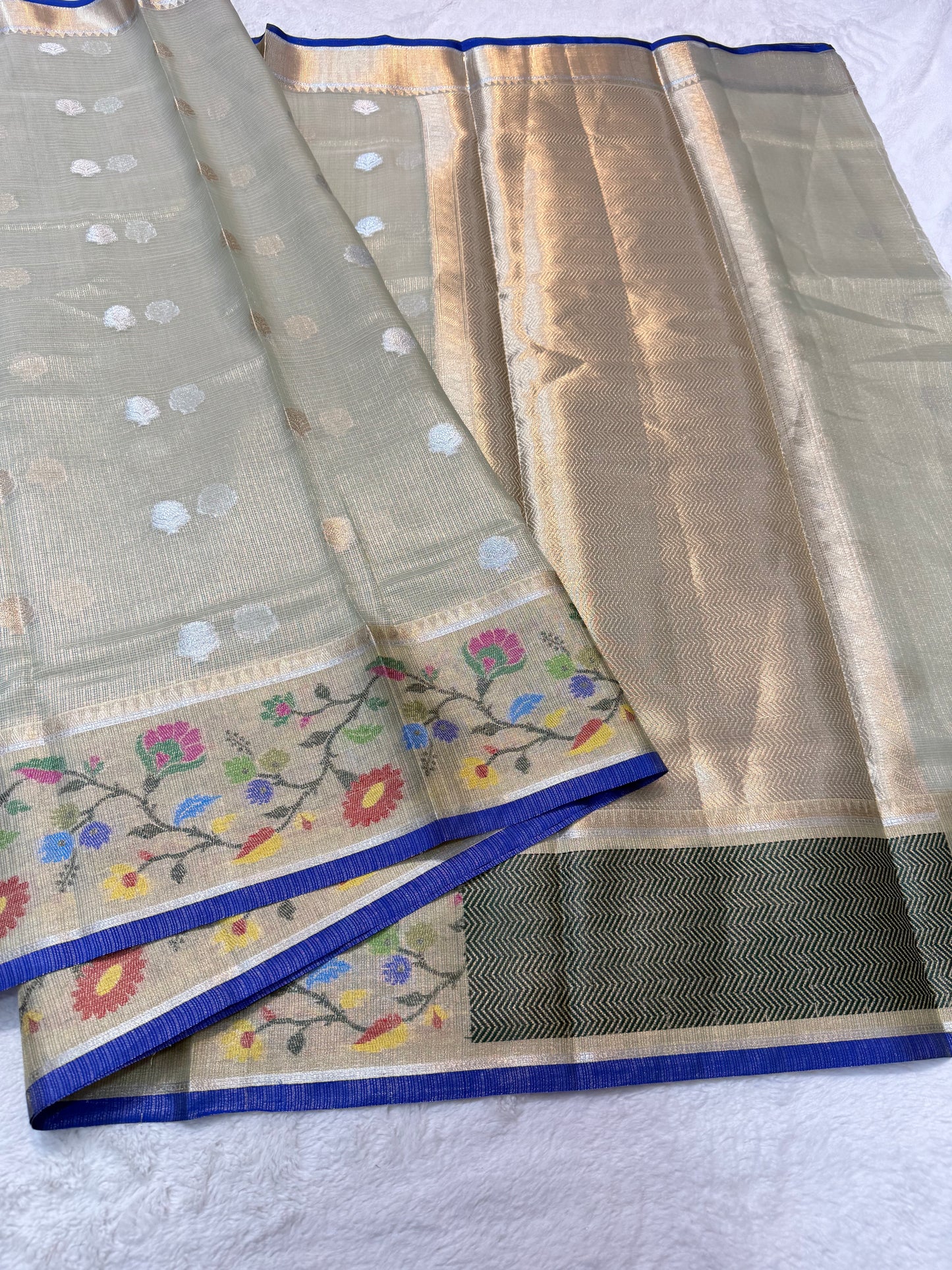 Pista green & multicolour shade tissue kota premium paithani border designer banarasi saree