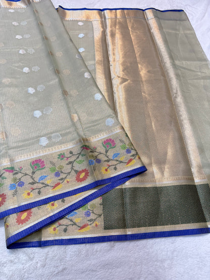 Pista green & multicolour shade tissue kota premium paithani border designer banarasi saree